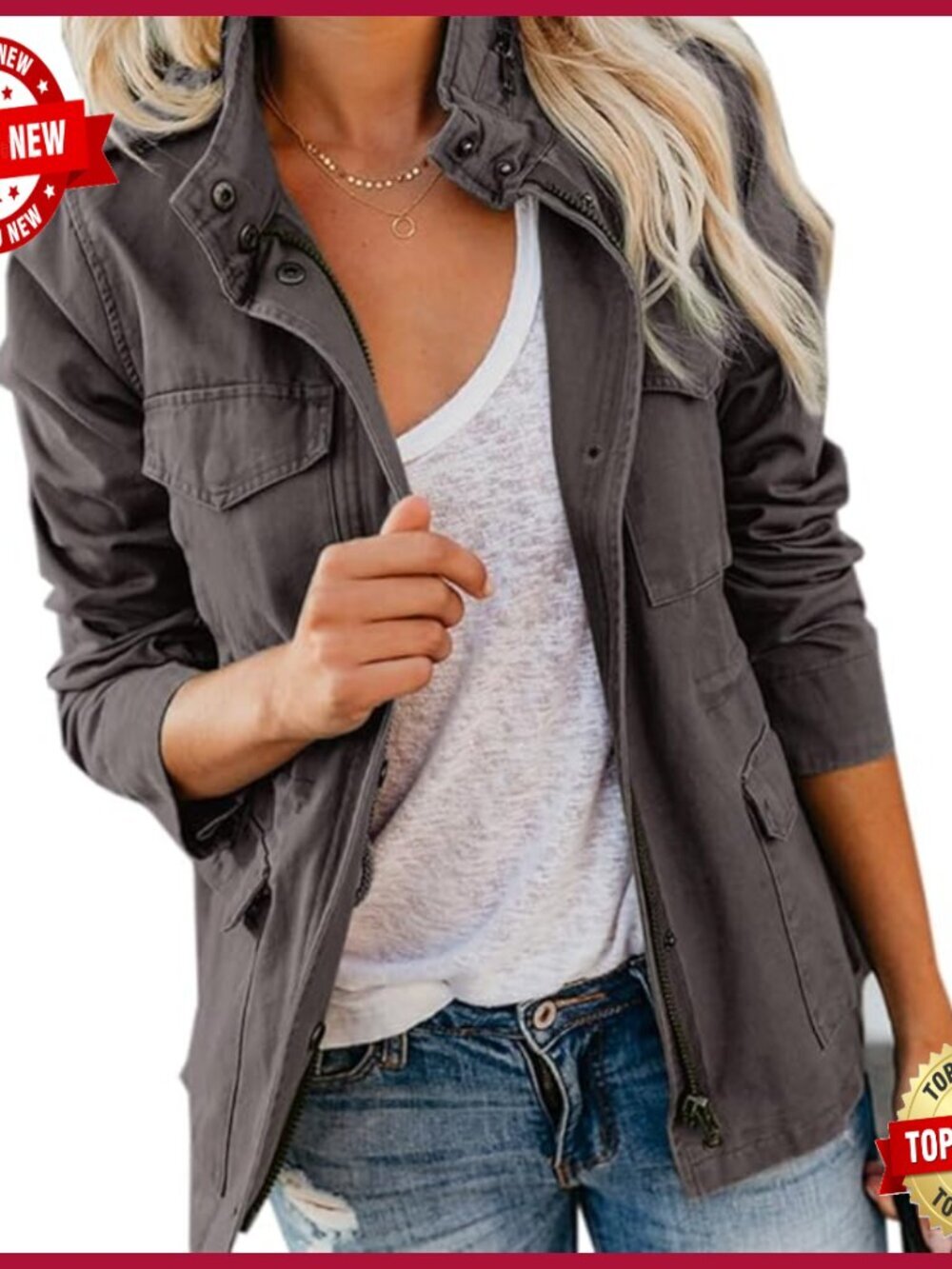 Military Anorak Jacket with Pockets, Zip Up, Snap Buttons, Lightweight Linen